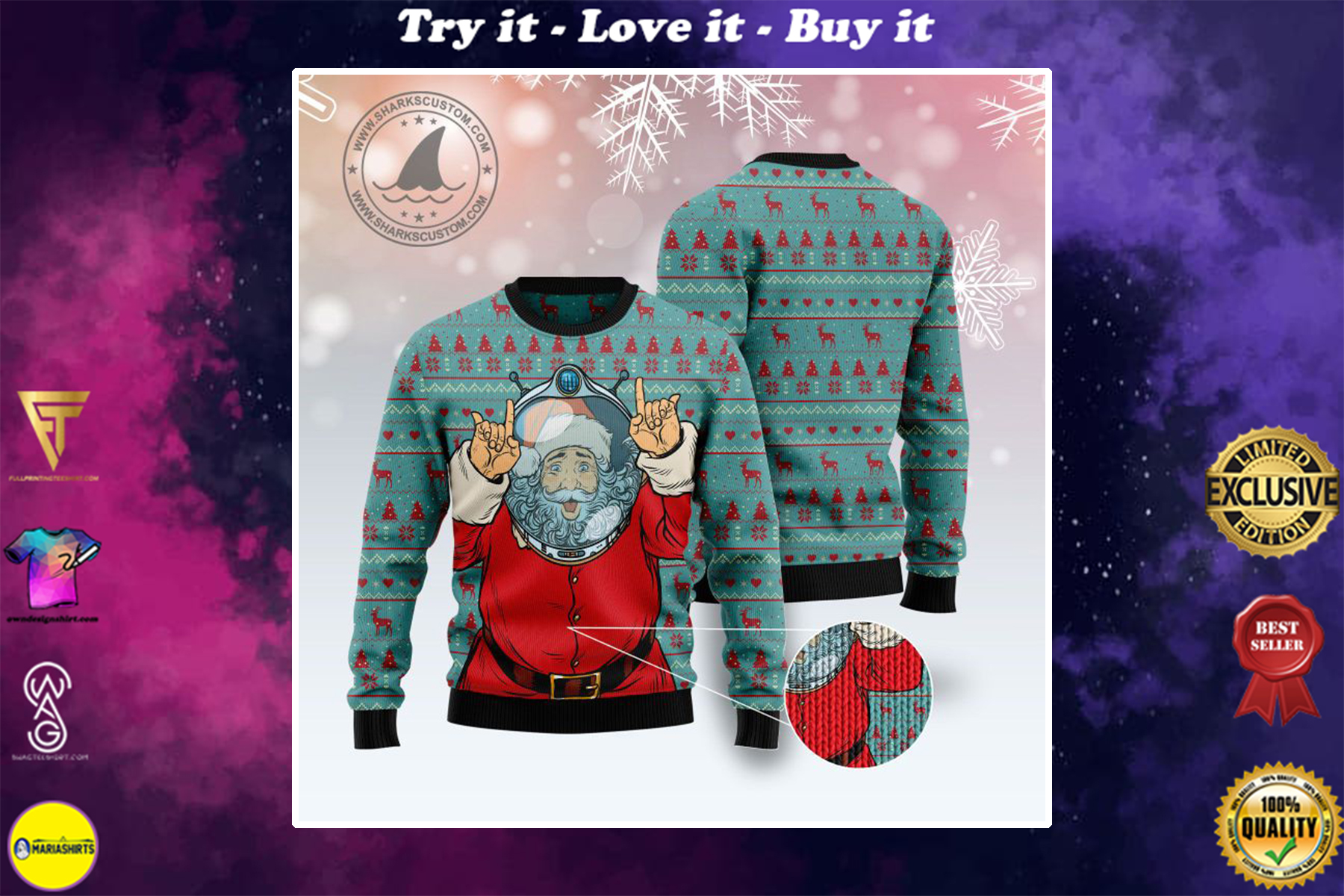 santa claus astronaut all over printed ugly christmas sweater