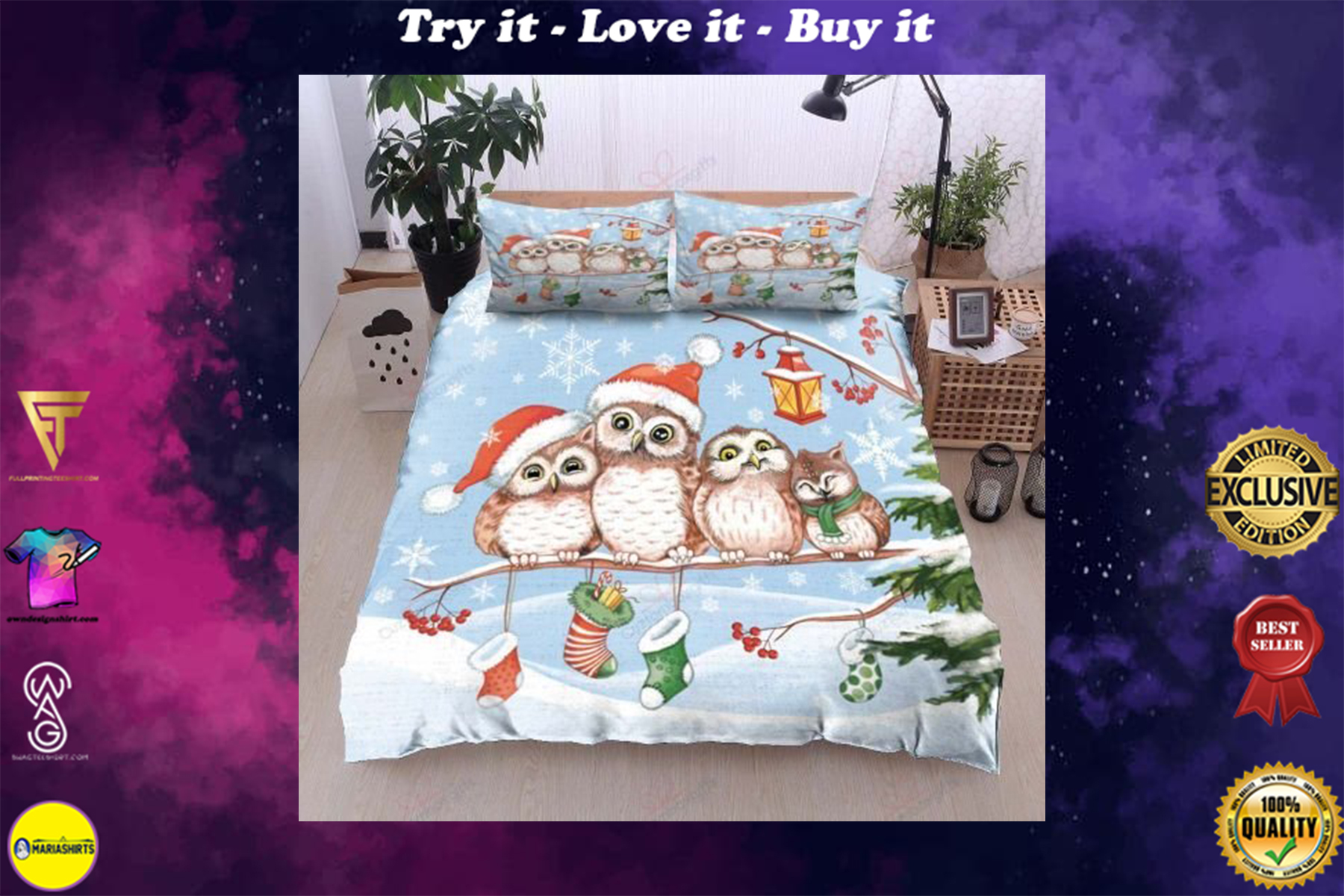 lovely owls christmas bedding set