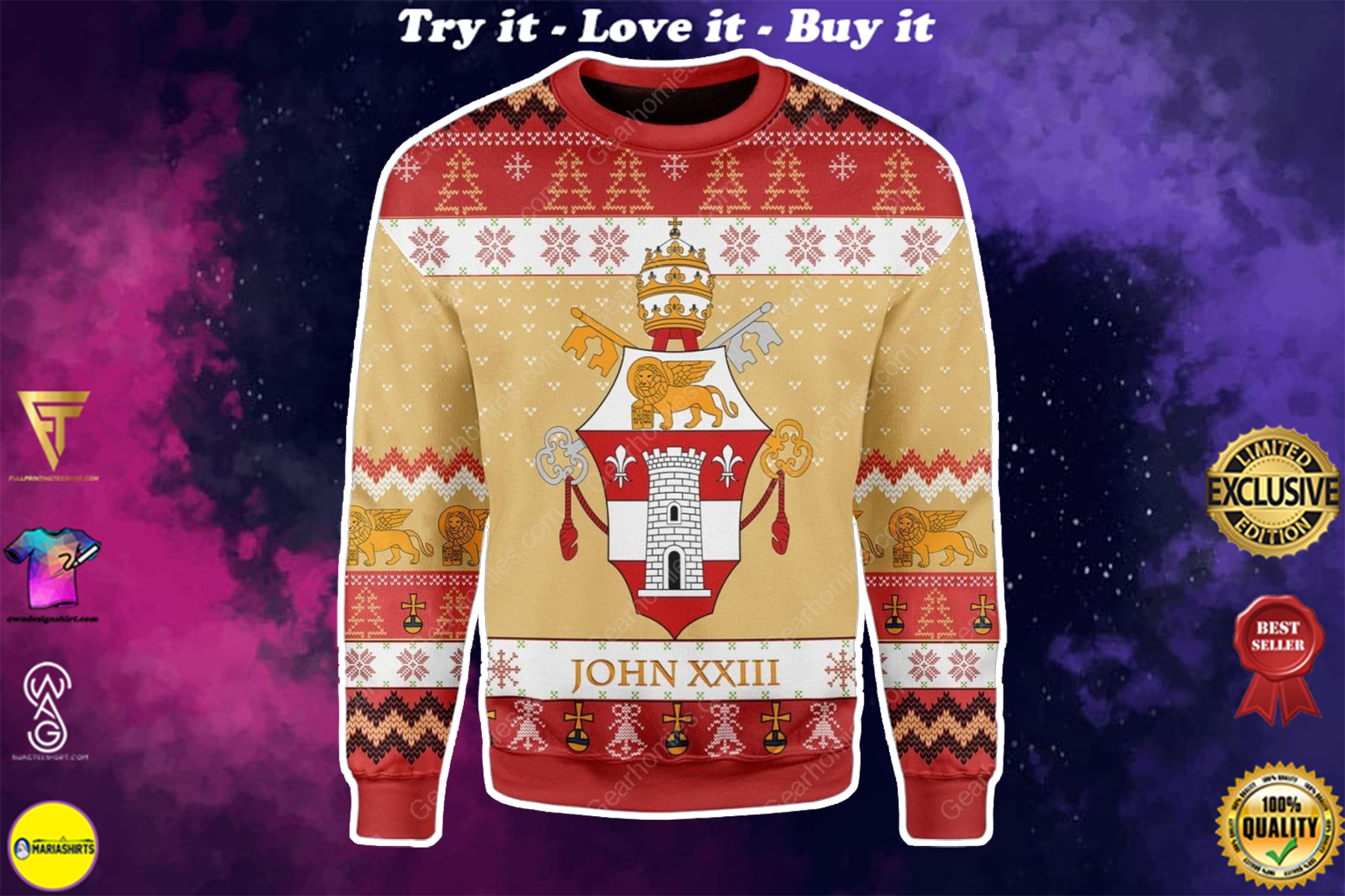 coat of arms of pope john xxiii all over printed ugly christmas sweater
