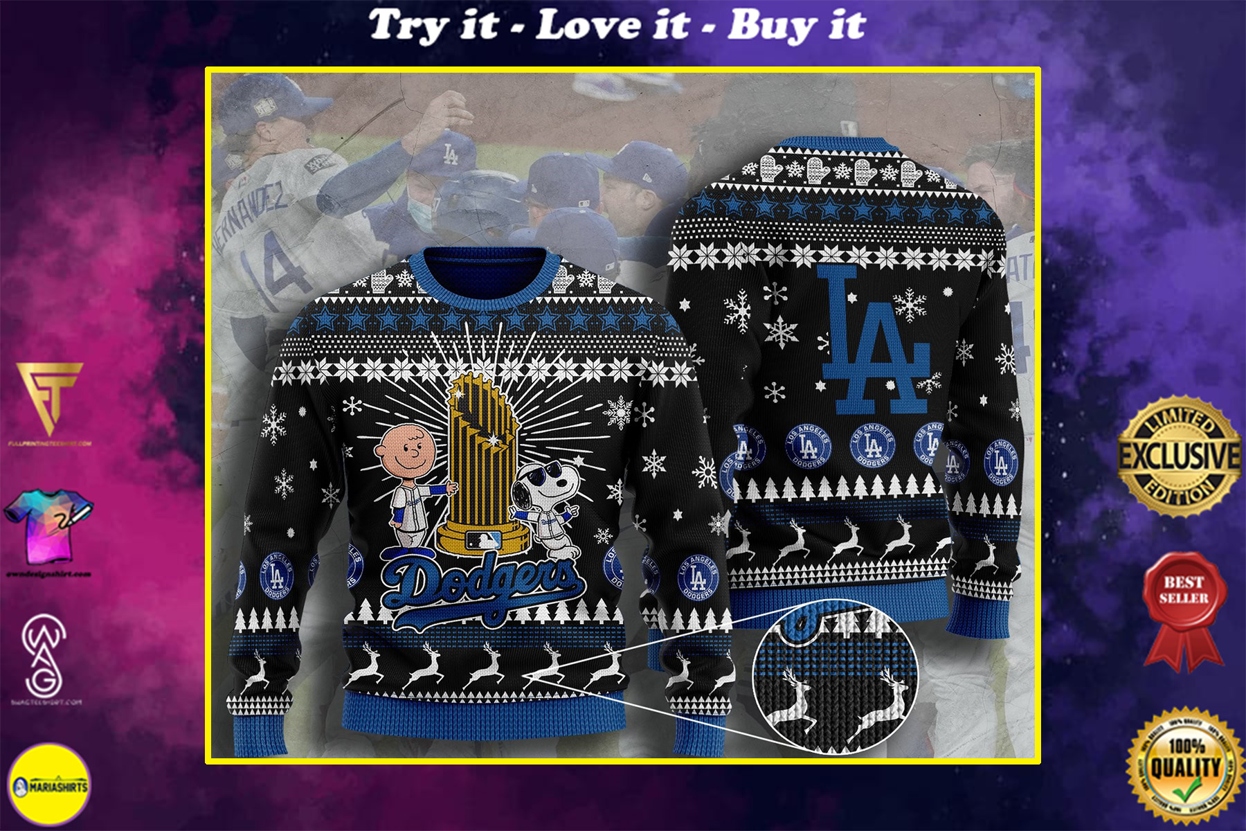 [special edition] los angeles dodgers charlie brown and snoopy ugly christmas sweater – maria