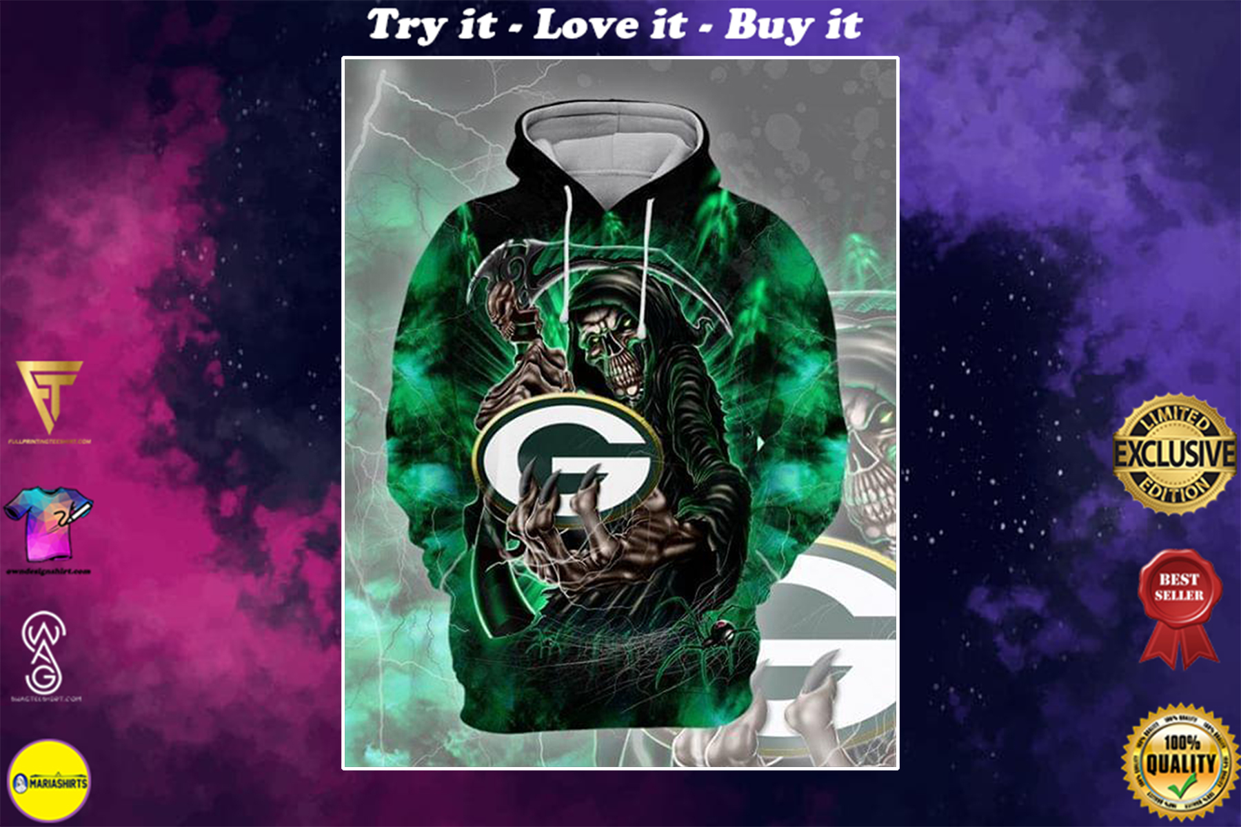 [special edition] death skull green bay packers football team full over printed shirt – maria