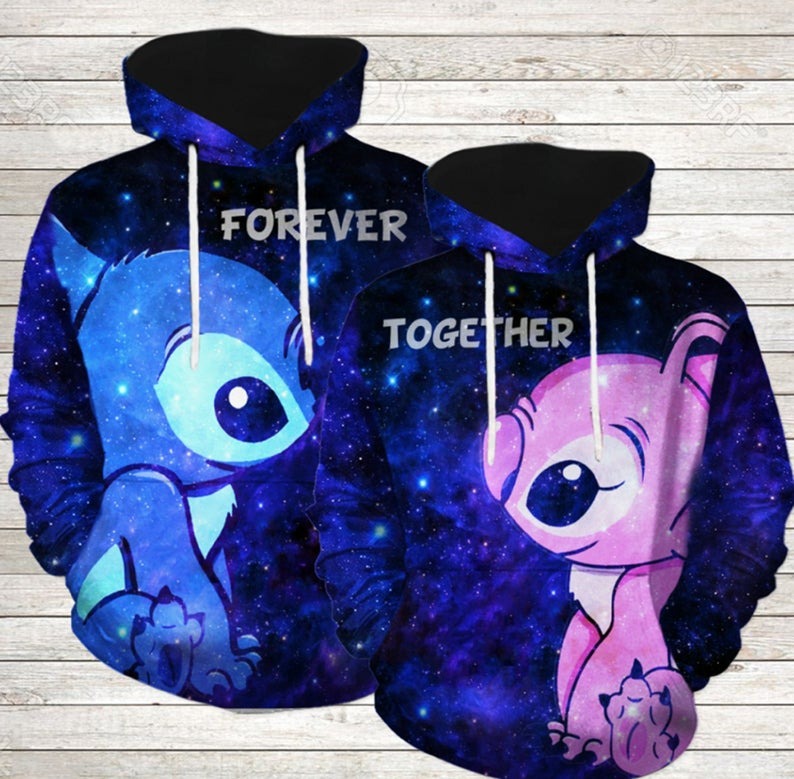 Stitch And Angel Forever Together 3D Couple Hoodie