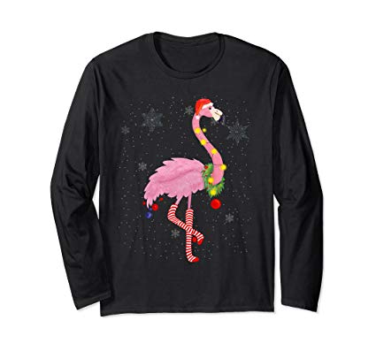 Cute Pink Flamingo with Snow, Lights and Santa Hat Christmas Long Sleeved
