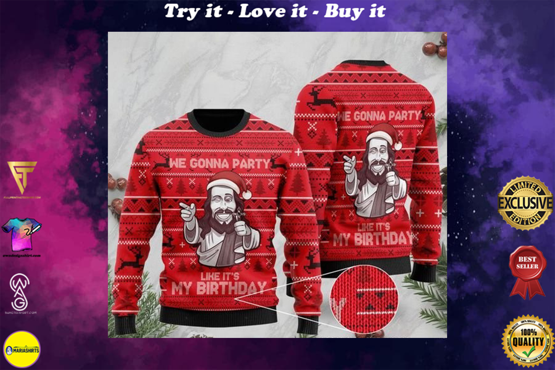 [special edition] christmas we gonna party like it’s my birthday Jesus full printing ugly sweater – maria