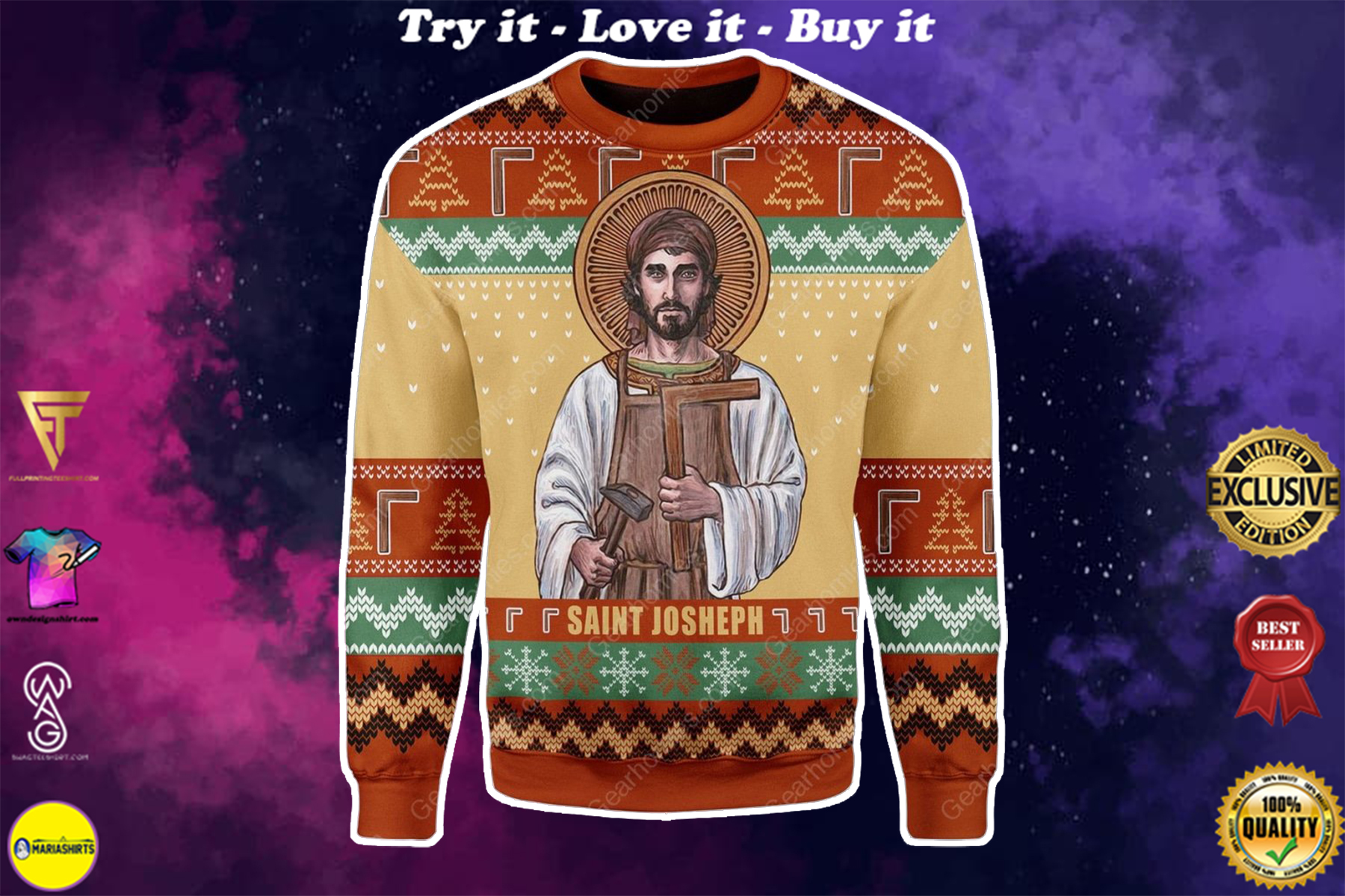 saint joseph the worker all over printed ugly christmas sweater