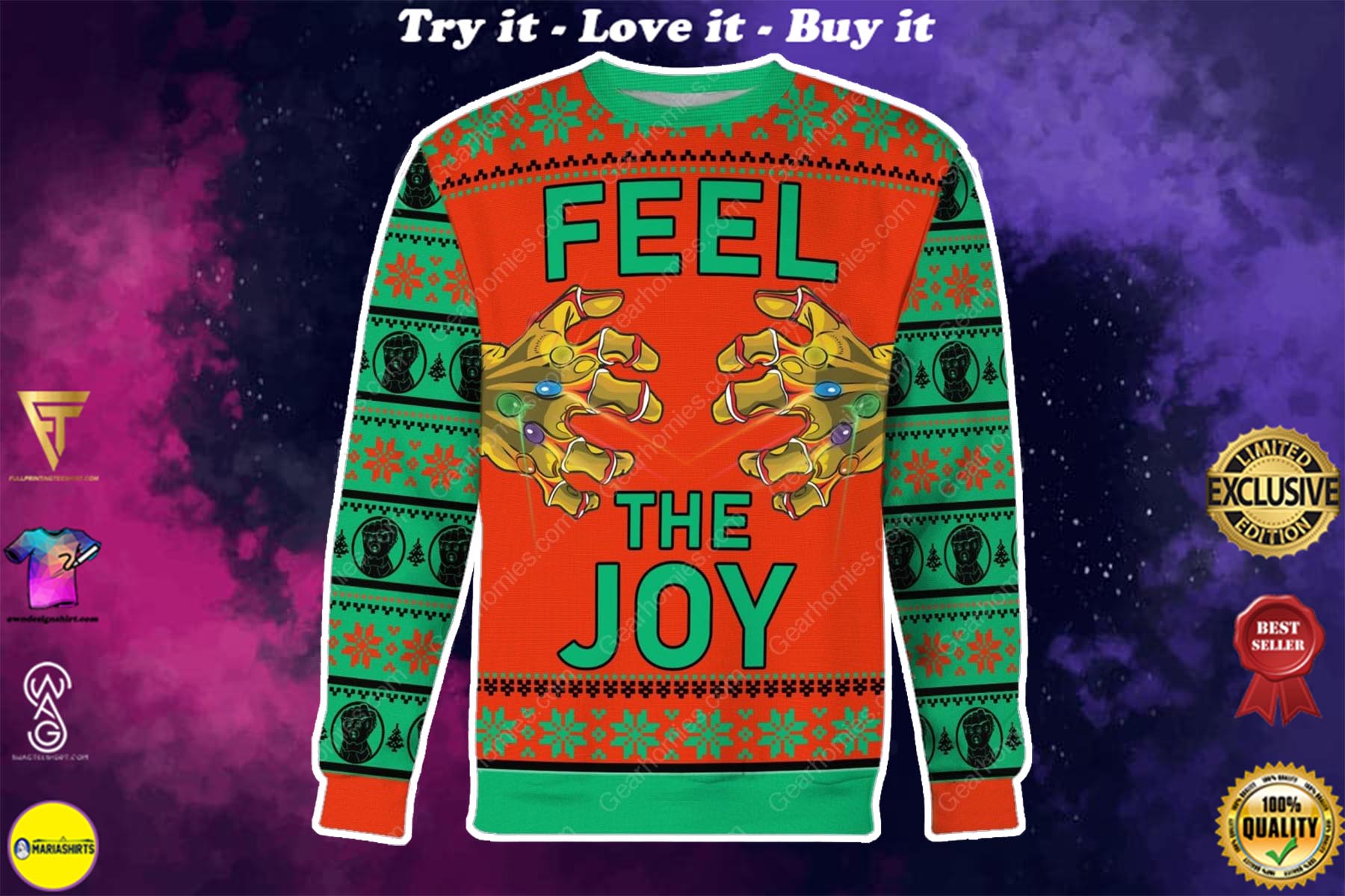 thanos feel the joy all over printed ugly christmas sweater