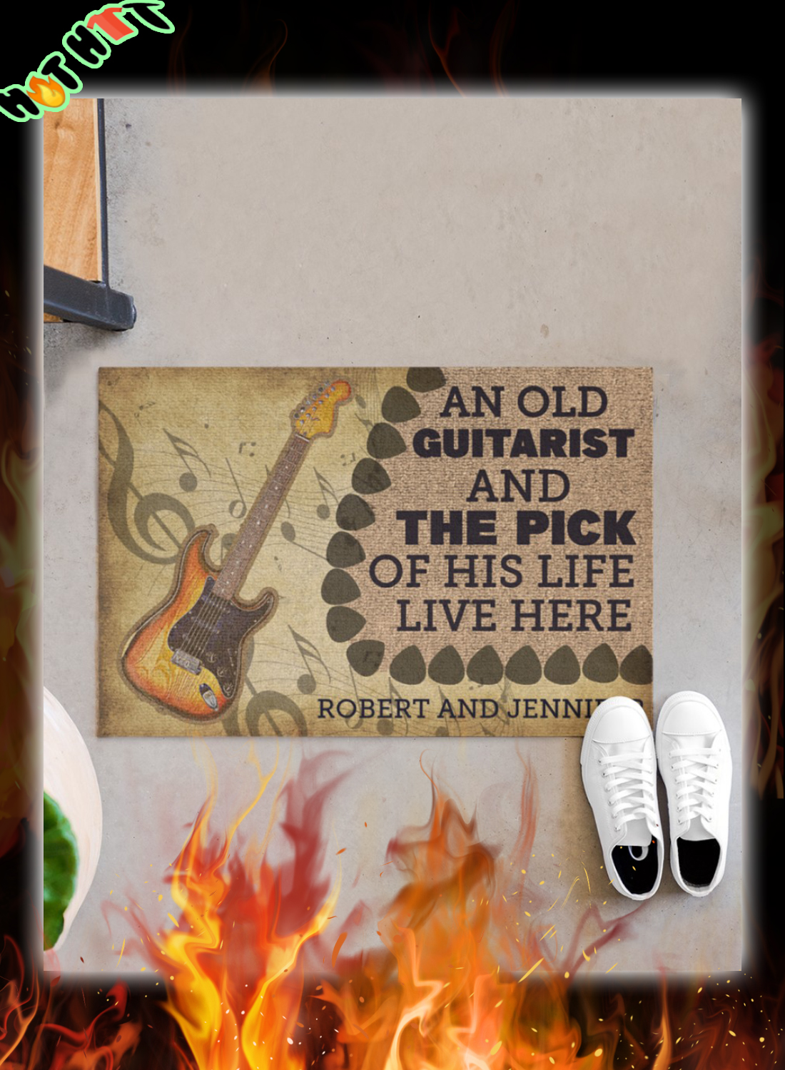 An old guitarist and the pick of his life personalized doormat 2