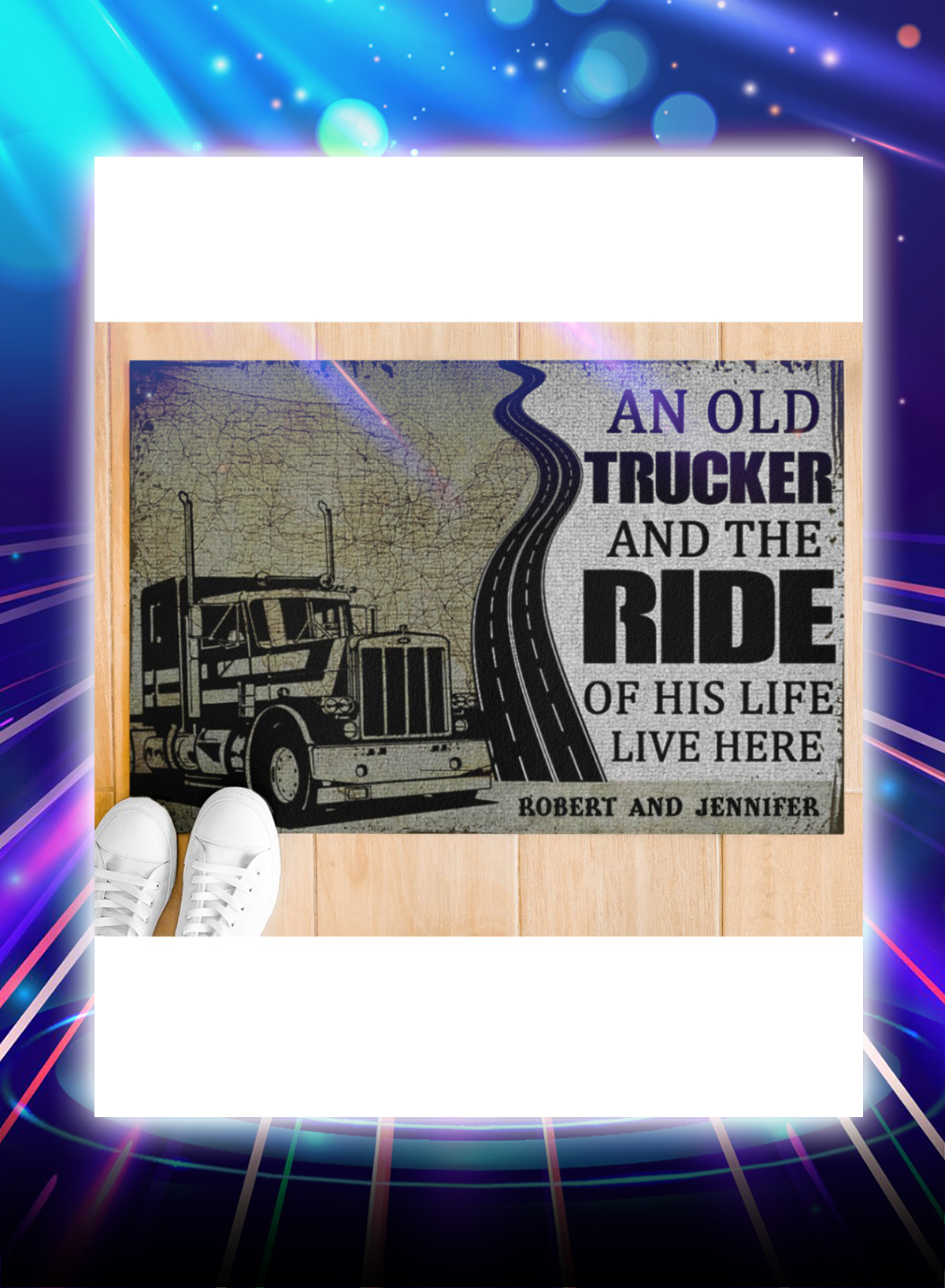 An old trucker and the ride of his life live here personalized custom name doormat - Picture 1
