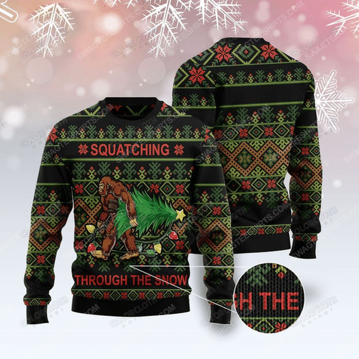 Bigfoot squatching through the snow ugly christmas sweater