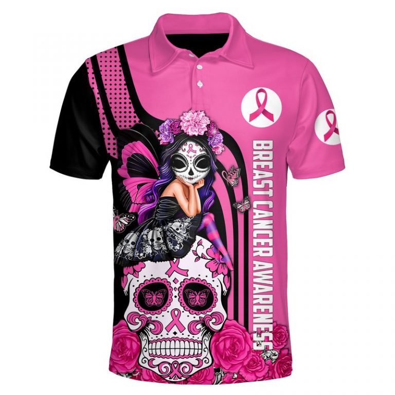 Breast cancer awareness Fight like a girl sugar skull fairy 3d polo shirt