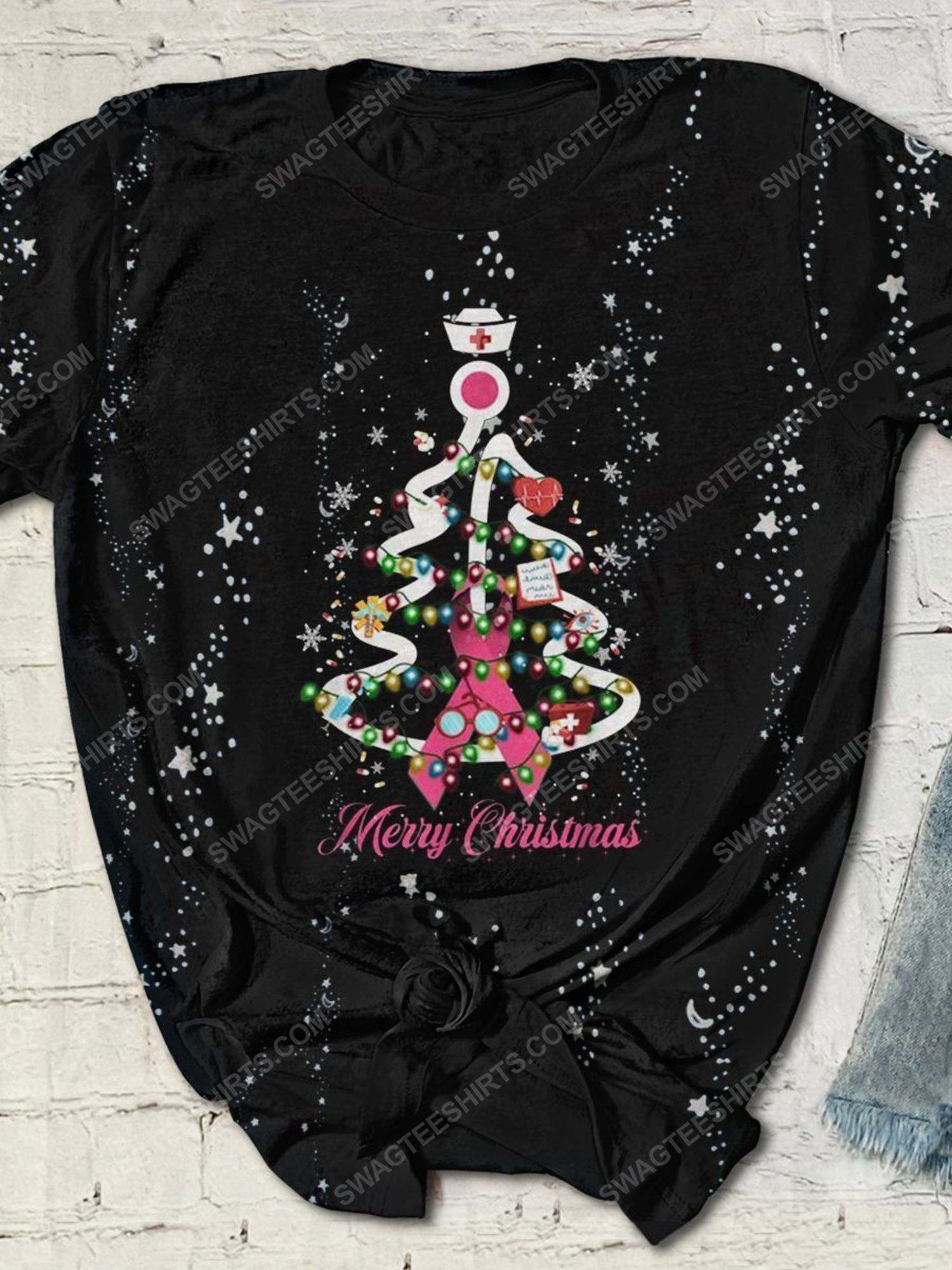[special edition] Breast cancer awareness merry christmas tree full print shirt – maria (cancer)
