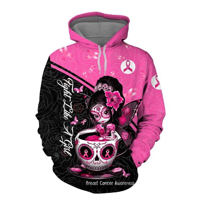 Breast cancer awareness tea cup sugar skull fairy 3d hoodie