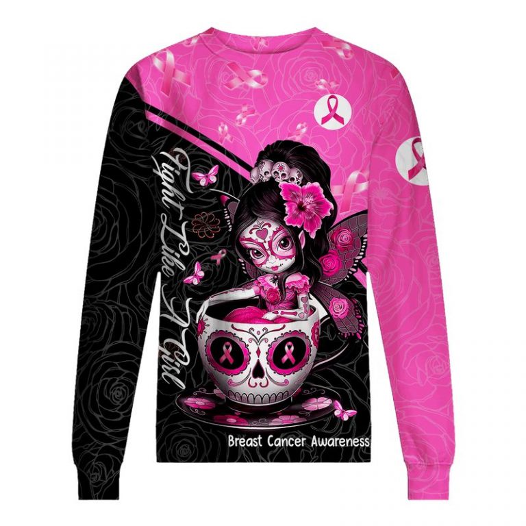 Breast cancer awareness tea cup sugar skull fairy 3d sweatshirt