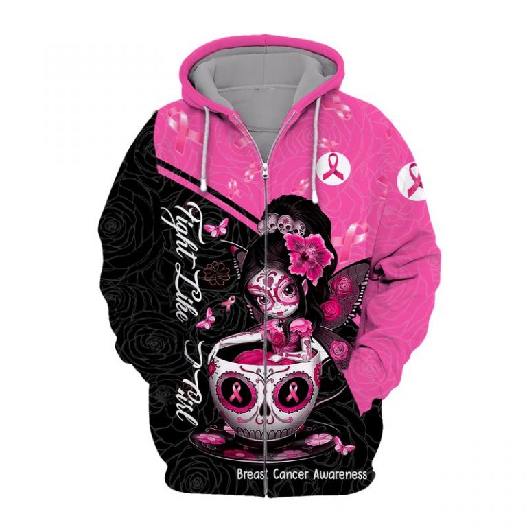 Breast cancer awareness tea cup sugar skull fairy 3d zip hoodie