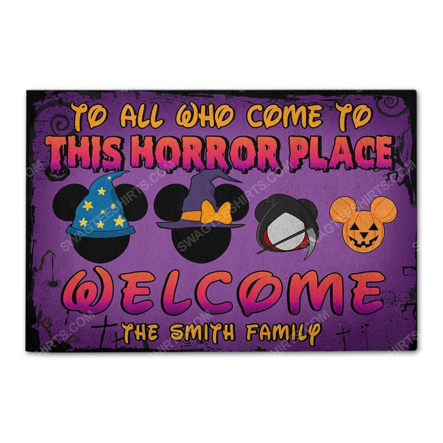 Custom halloween for family to all who come to this horror place doormat