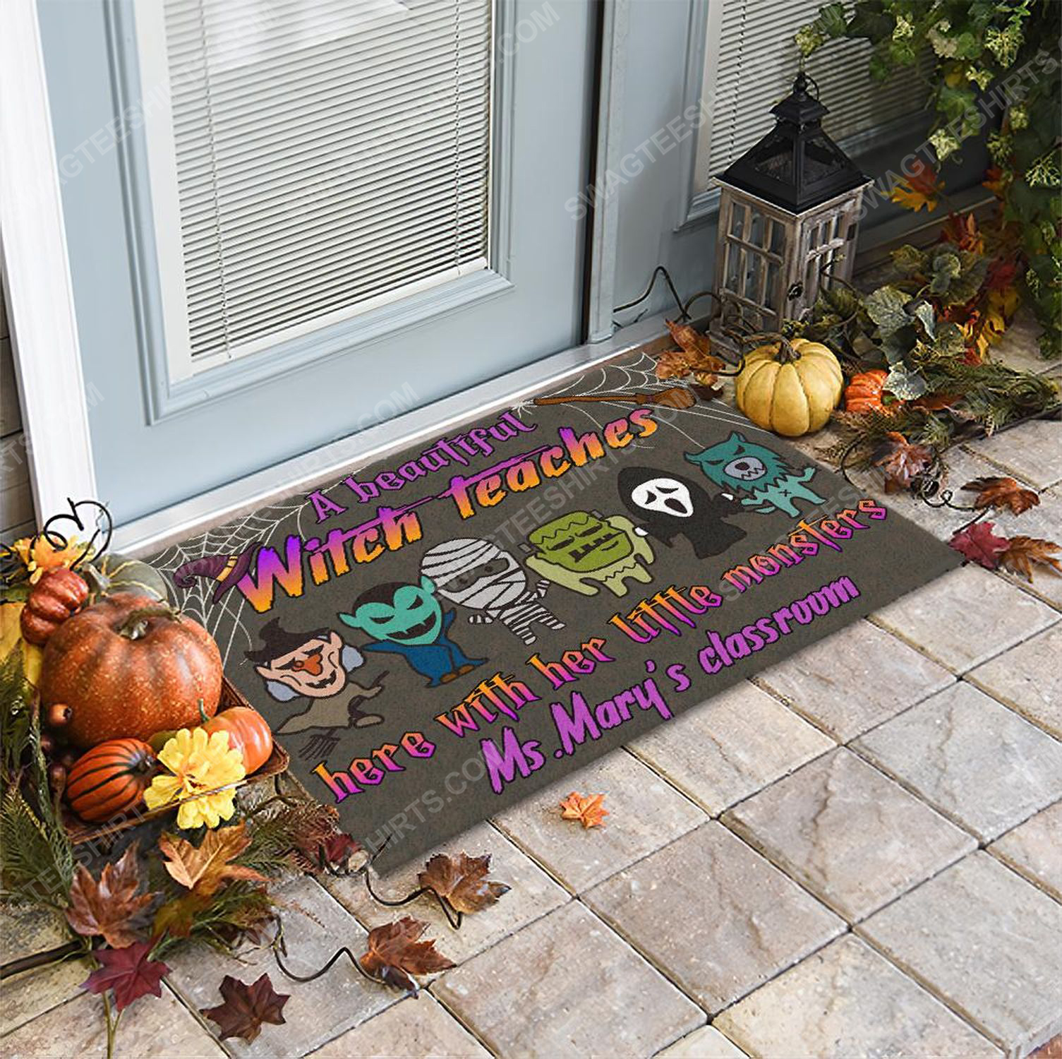 Custom halloween for witch teacher a beautiful witch teaches here with her little monsters doormat