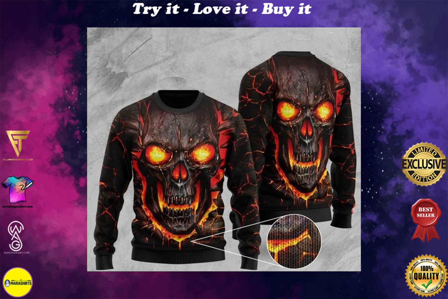 [special edition] skull lava fire all over printed christmas ugly sweater – maria