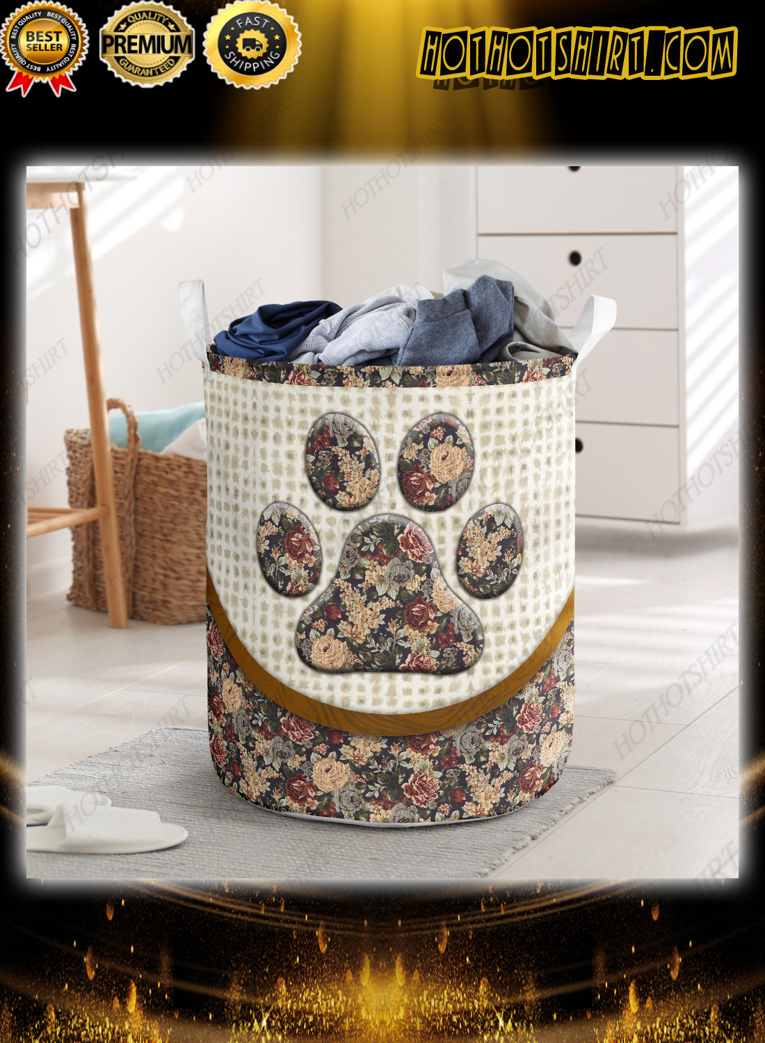 Dog paw floral vintage laundry basket 1