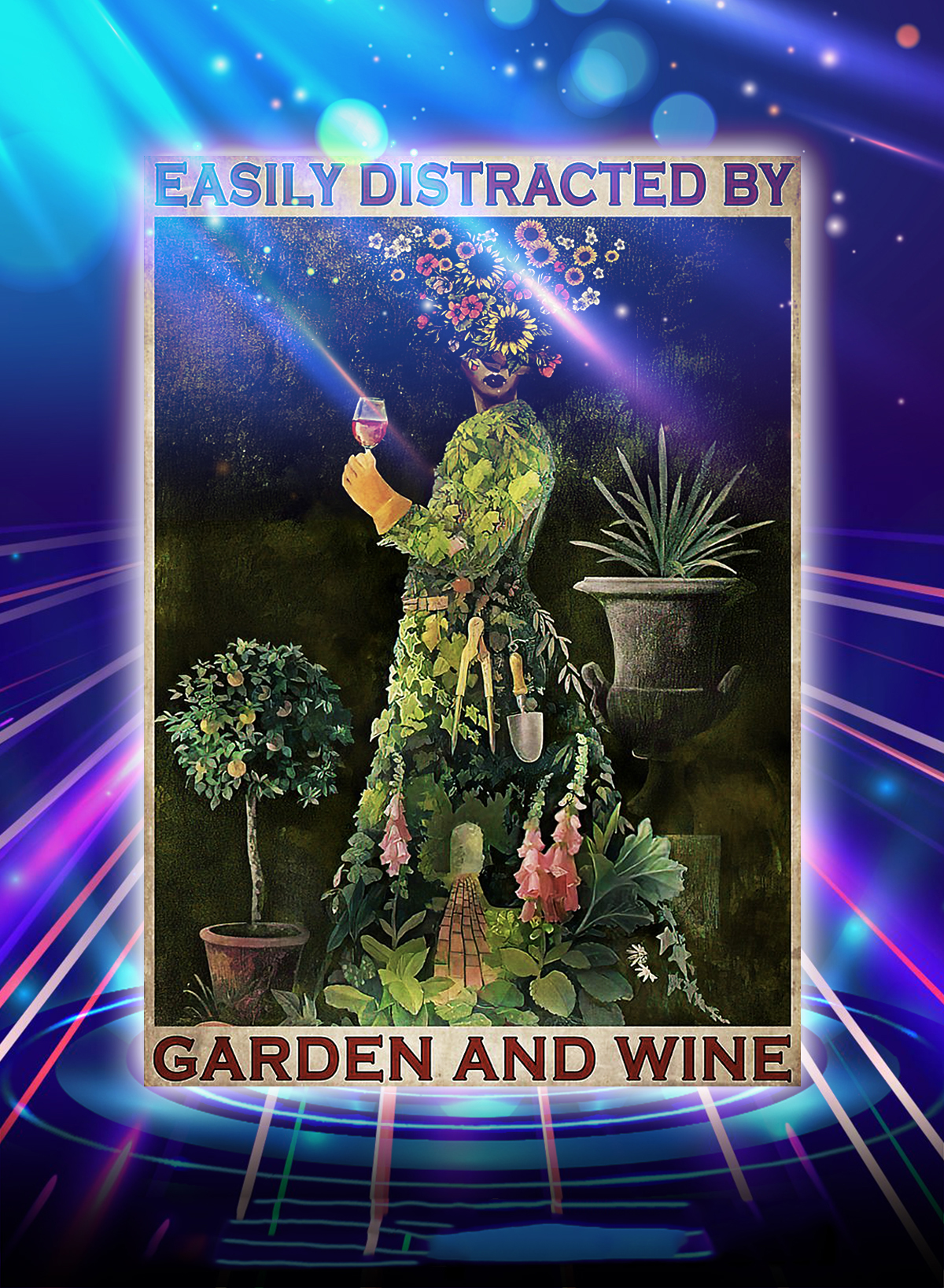 Flower girl easily distracted by garden and wine poster