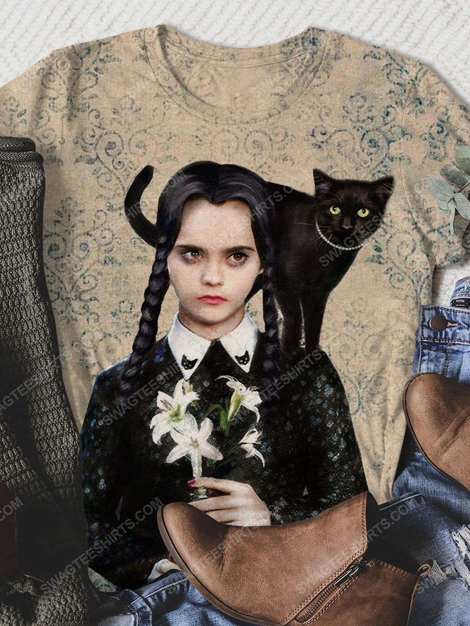 [special edition] Halloween night wednesday addams and cat full print shirt – maria (halloween)