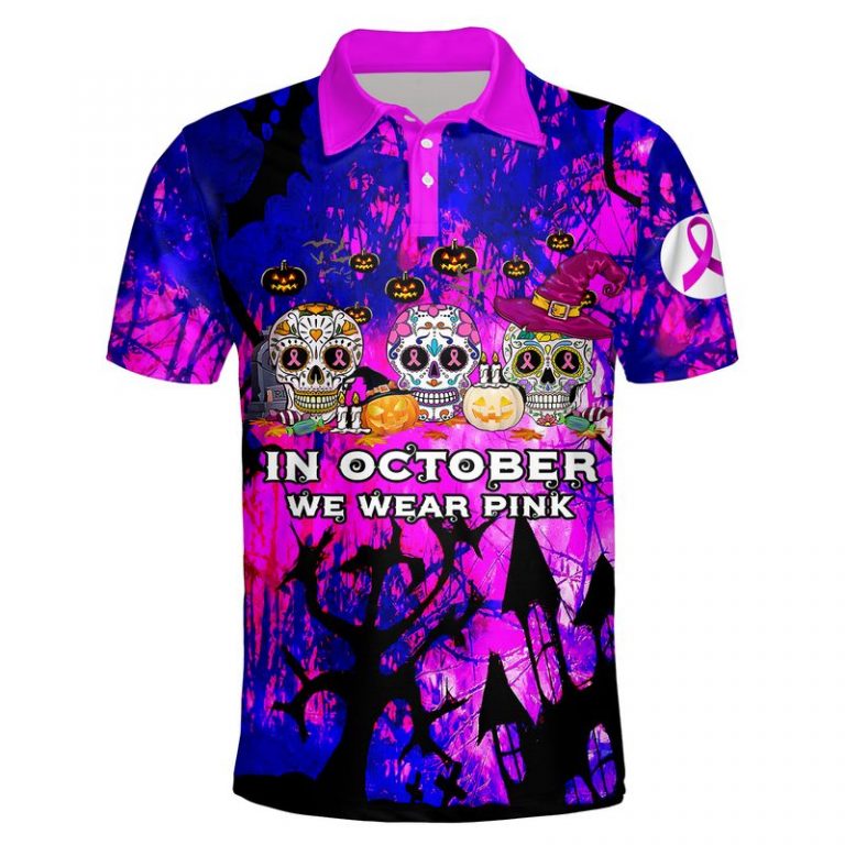 In october we wear pink Breast cancer awareness sugar skull 3d polo shirt