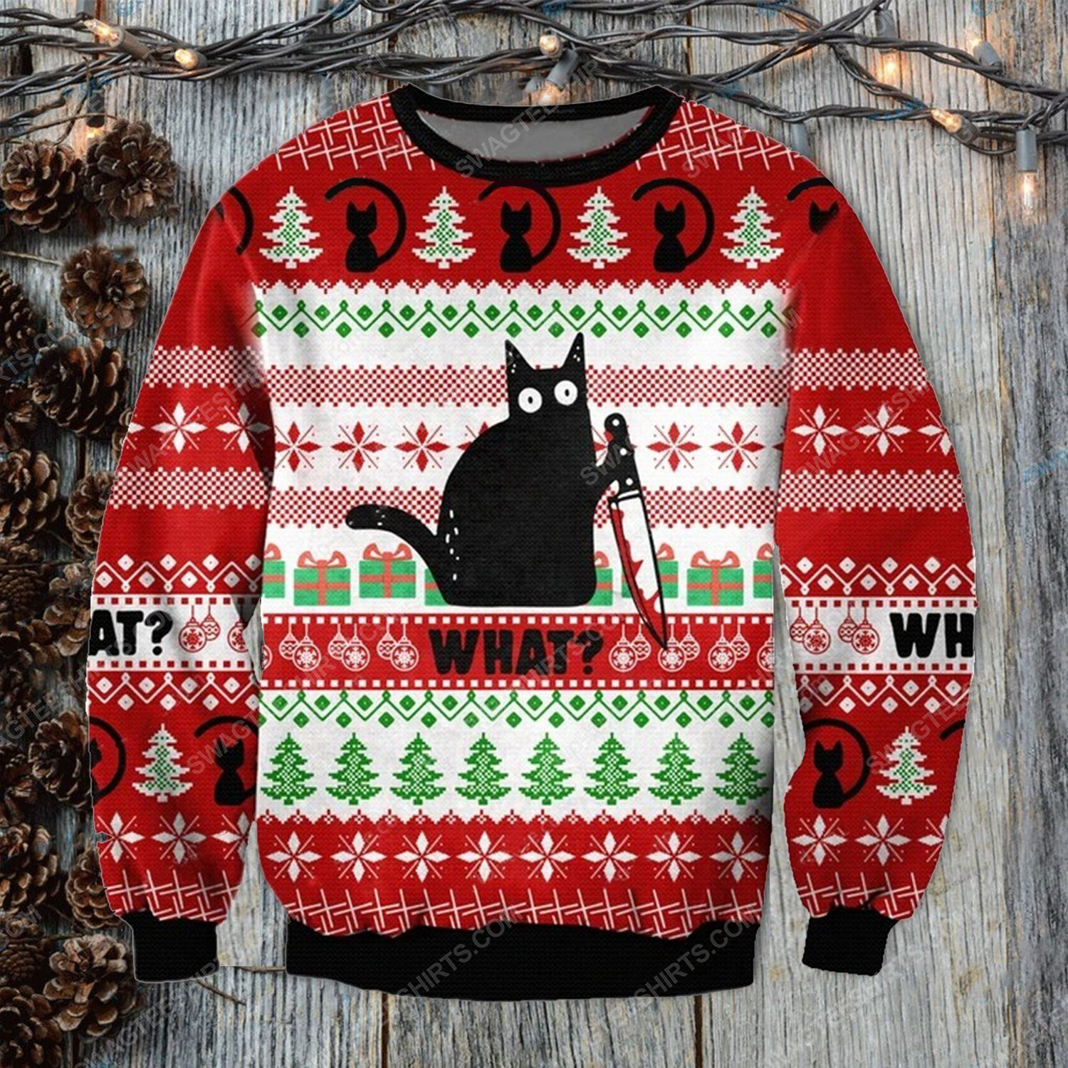 Murderous black cat with knife ugly christmas sweater