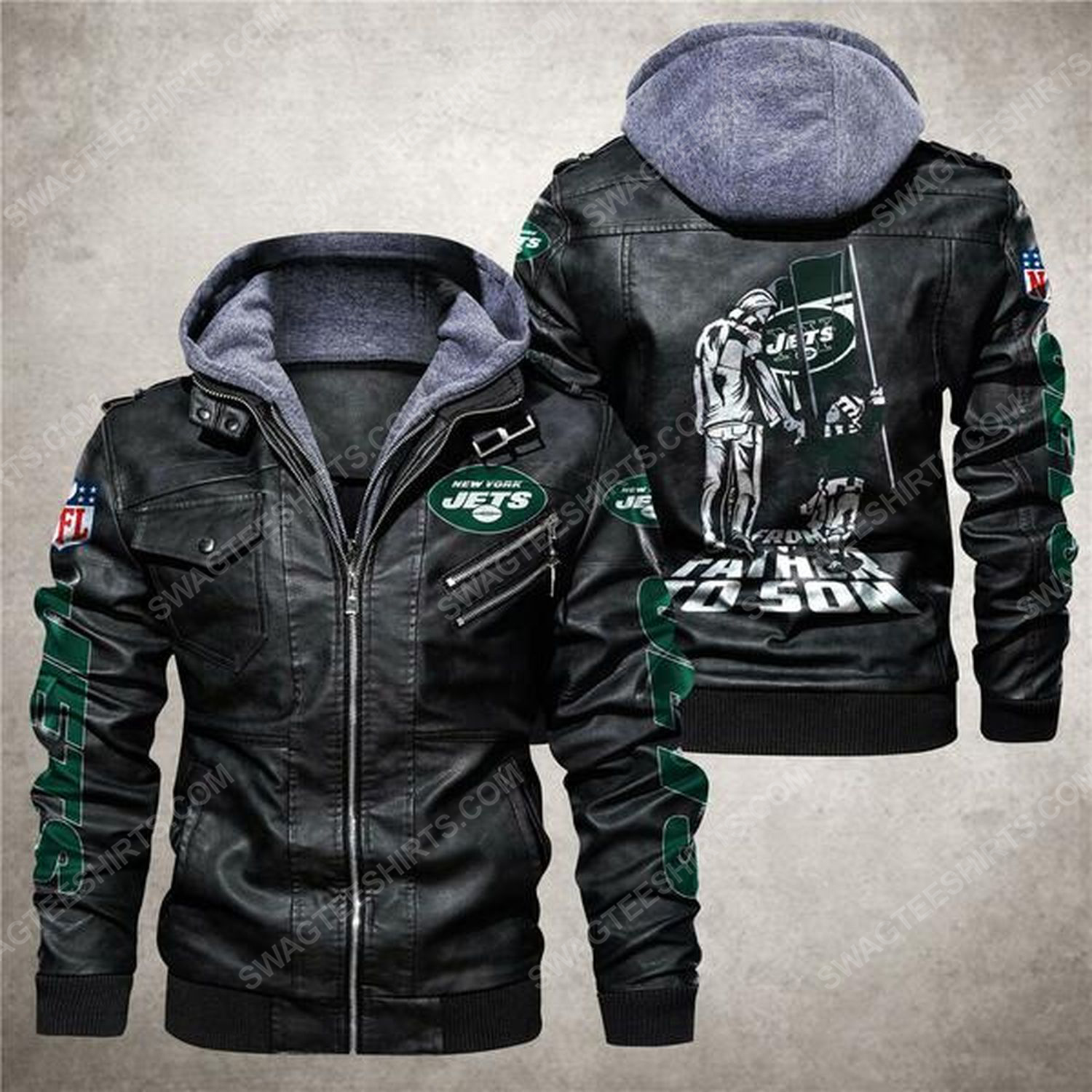 National football league new york jets from father to son leather jacket - black