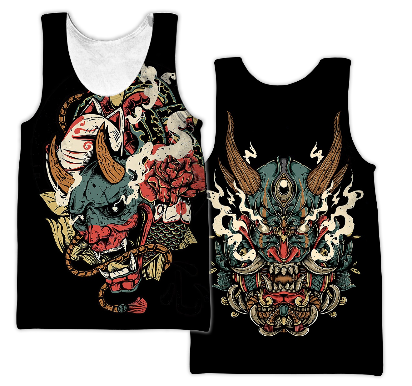 Oni mask tattoo all over printed tank top