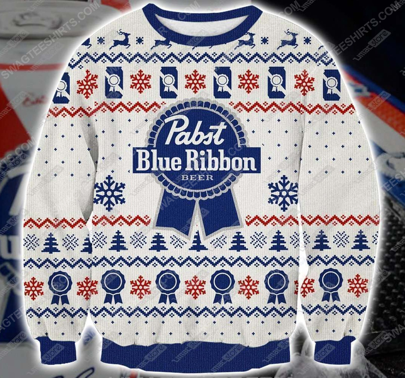 [special edition] Pabst blue ribbon beer all over print ugly christmas sweater – maria