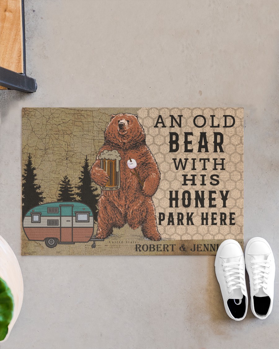 Personalized Camping an old bear with his honey park here doormat