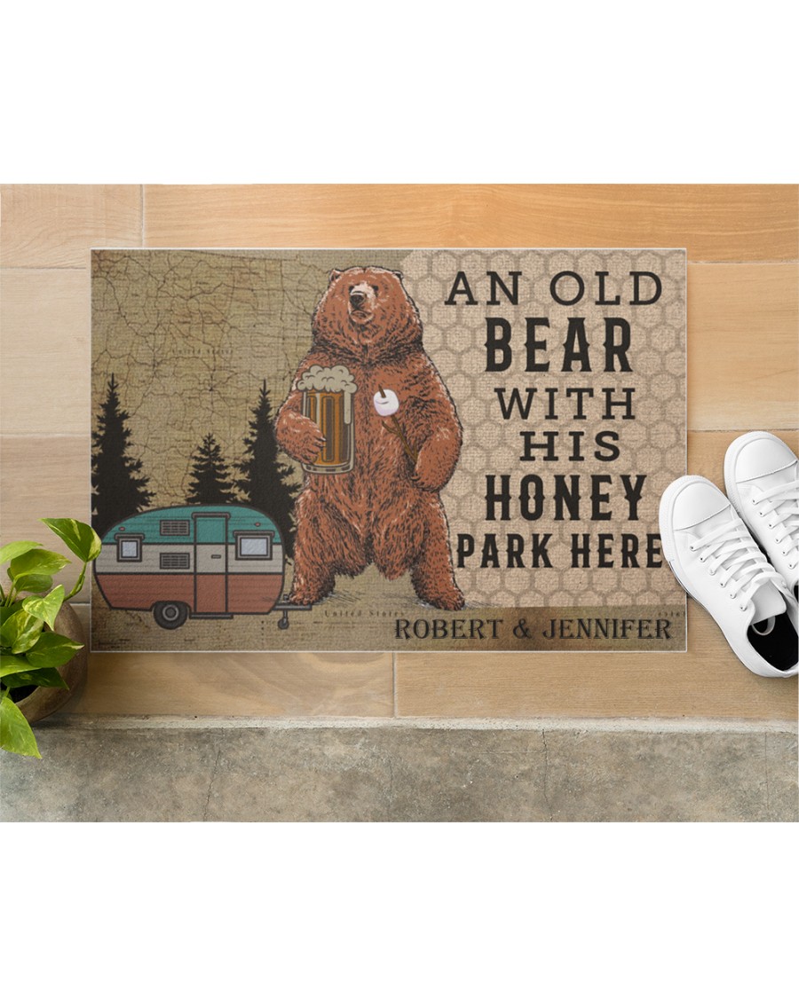 Personalized Camping an old bear with his honey park here doormat