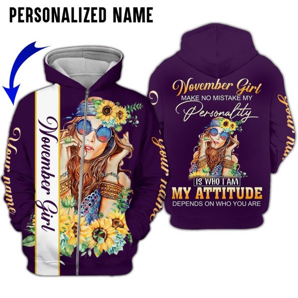 Presonalized Name Hippie November Girl 3D All Over Print Shirt 3
