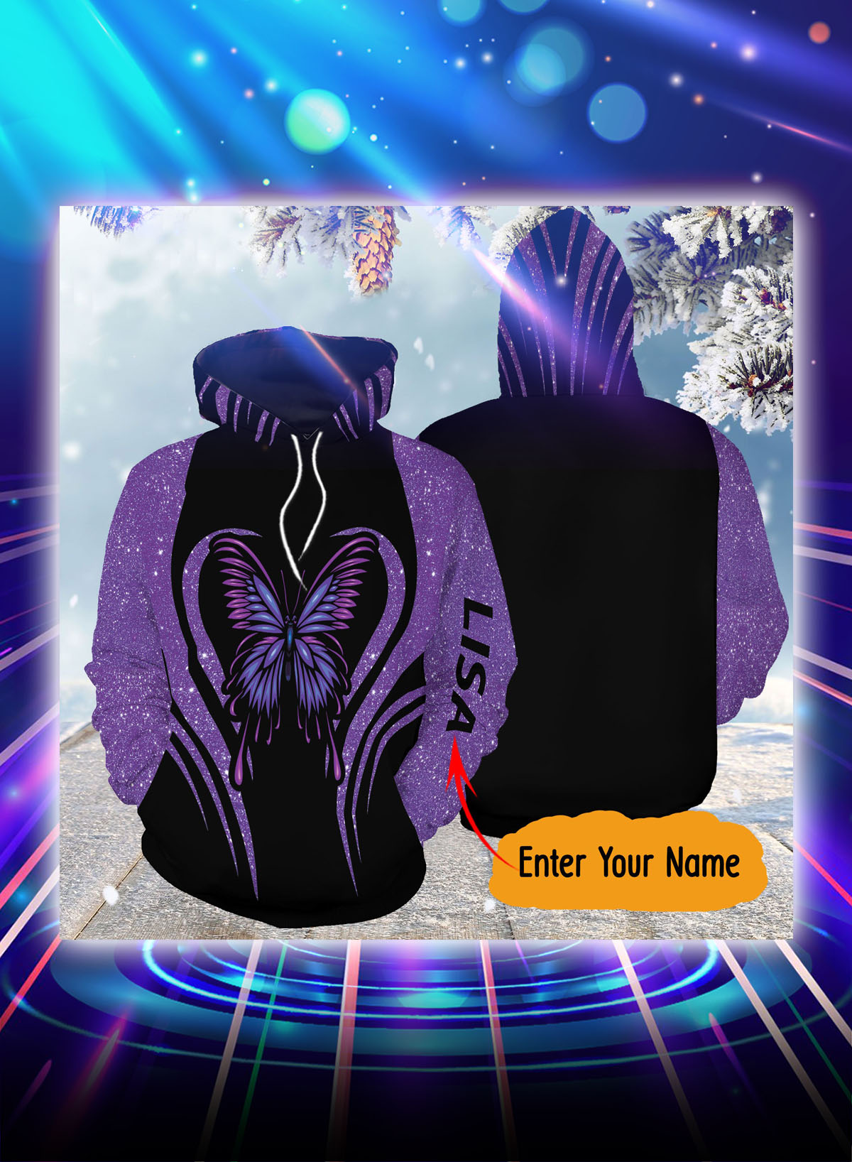 Purple butterfly personalized custom name all over print hoodie