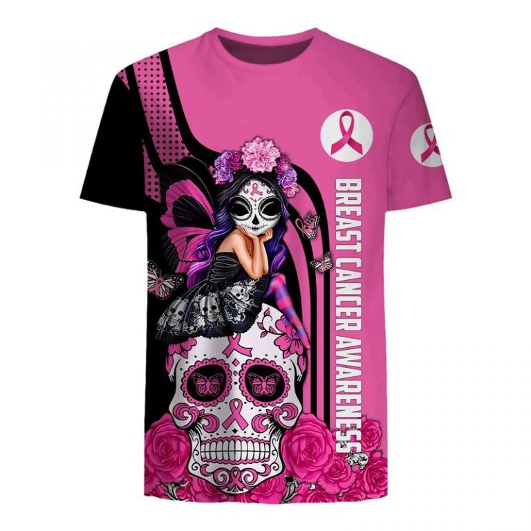 Skull fairy girl breast cancer awareness 3d t-shirt