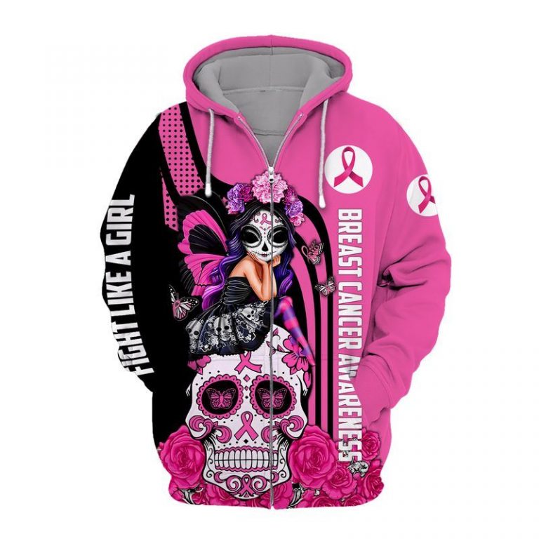 Skull fairy girl breast cancer awareness 3d zip hoodie