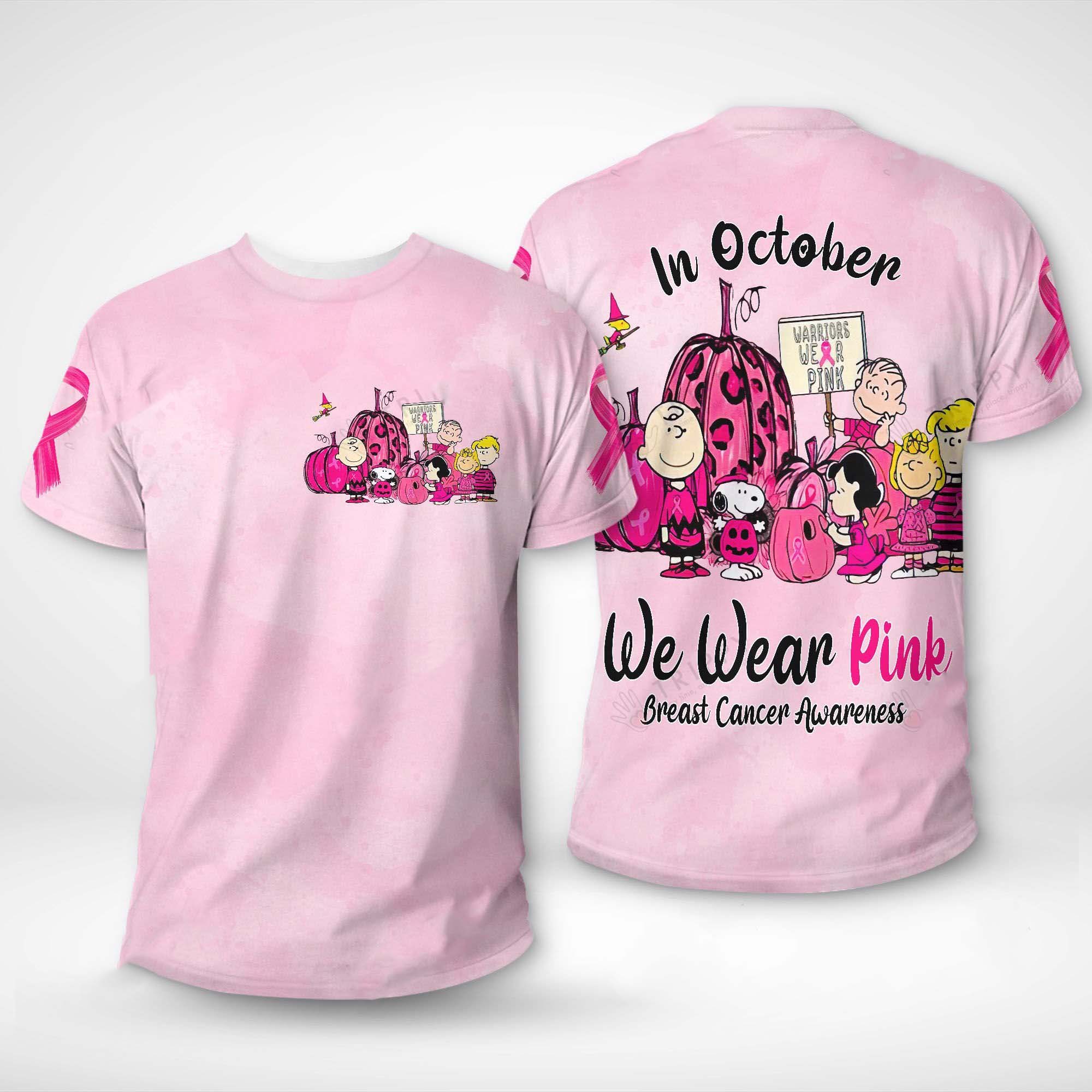 Snoopy and Friends In October we wear pink Breast cancer awareness 3d t-shirt