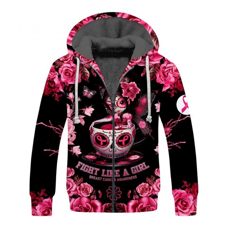 Tea cup sugar skull fairy Fight like a girl Breast cancer awareness 3d fleece hoodie