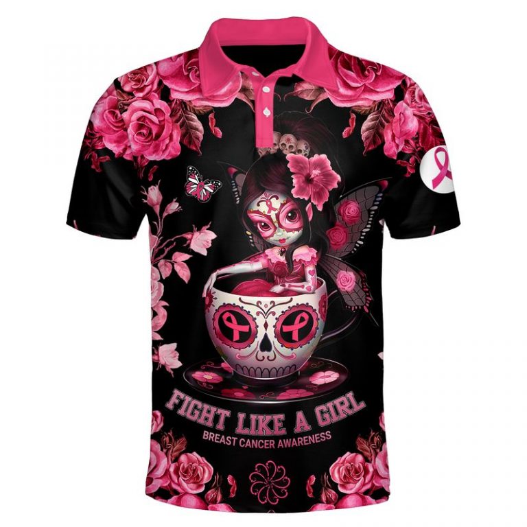 Tea cup sugar skull fairy Fight like a girl Breast cancer awareness 3d polo shirt