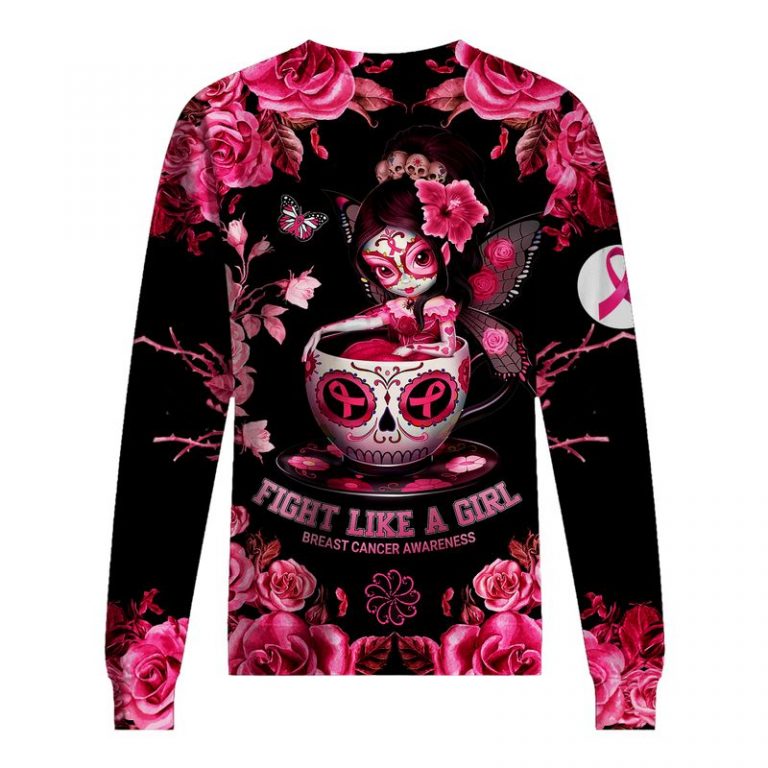 Tea cup sugar skull fairy Fight like a girl Breast cancer awareness 3d sweatshirt