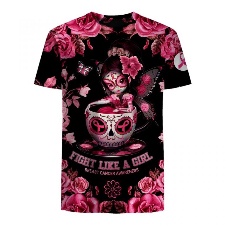 Tea cup sugar skull fairy Fight like a girl Breast cancer awareness 3d t-shirt
