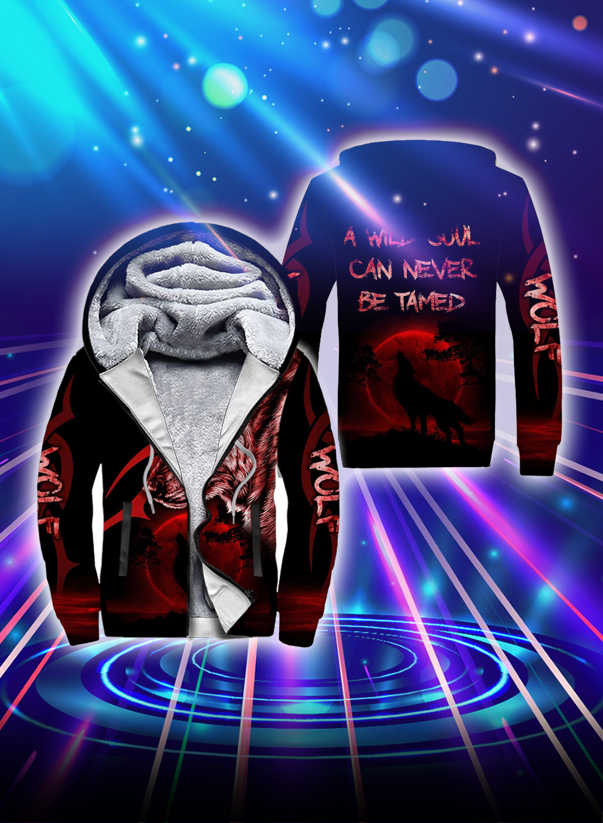 Wolf a wild soul can never be tamed all over printed fleece hoodie