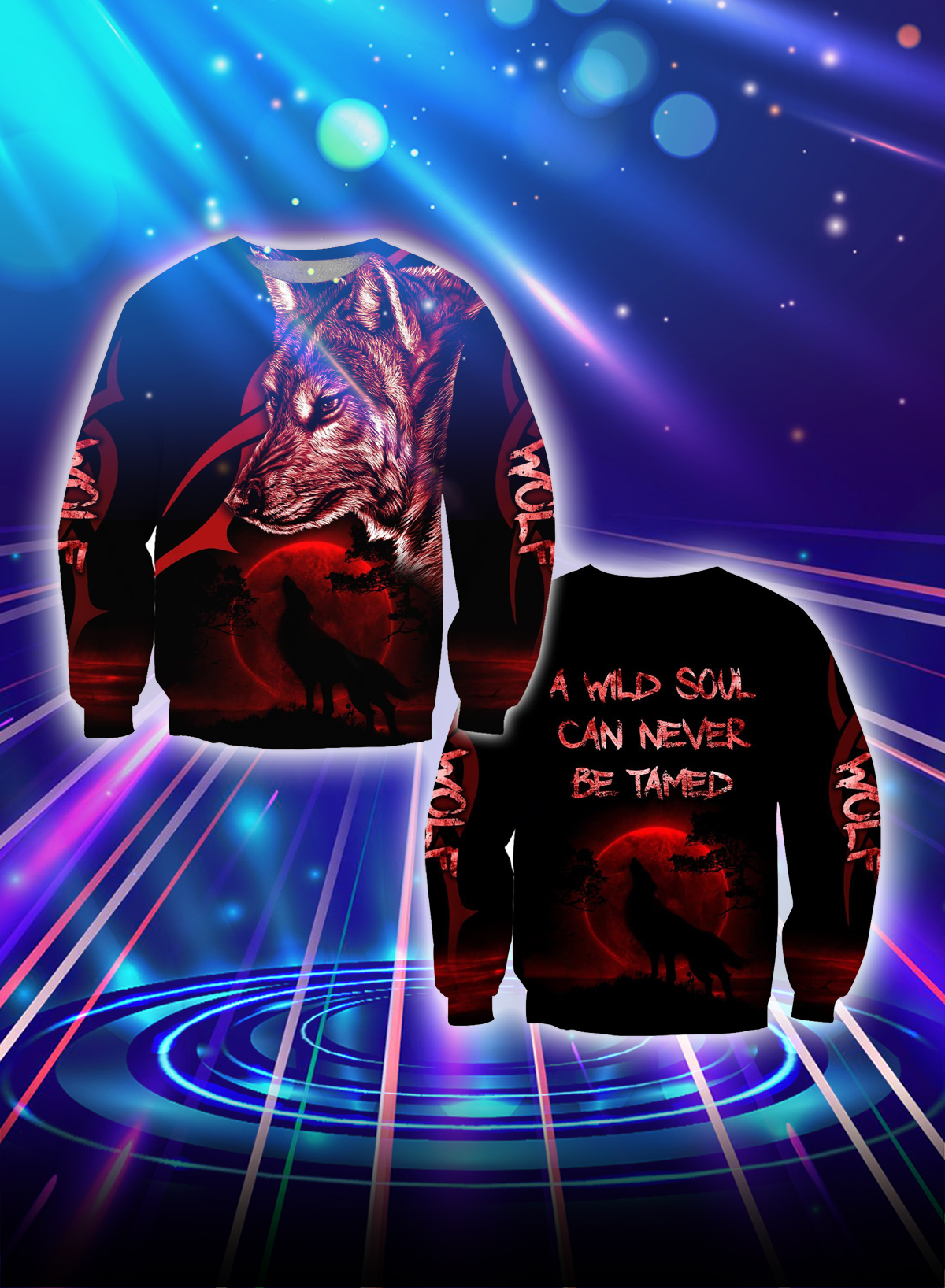 Wolf a wild soul can never be tamed all over printed sweatshirt