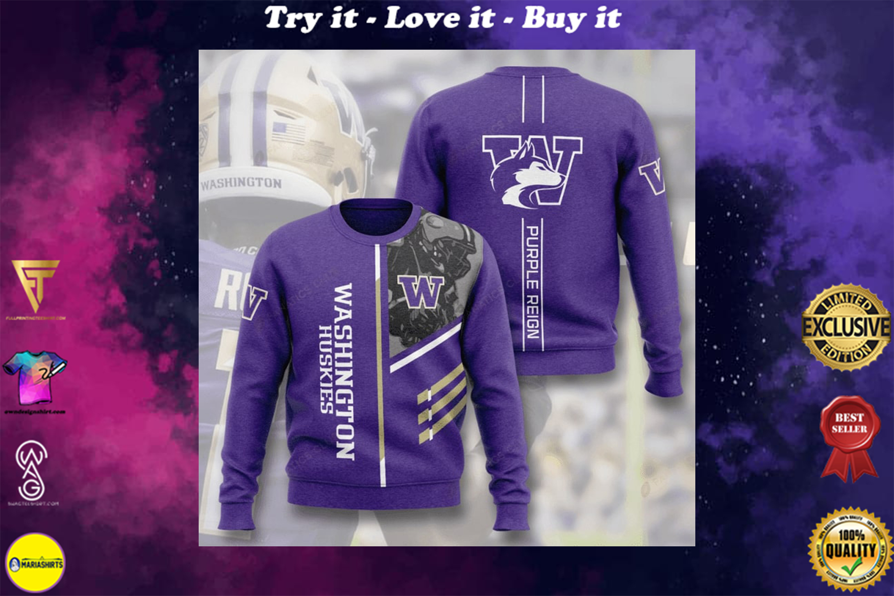 [special edition] washington huskies football purple reign full printing ugly sweater – maria