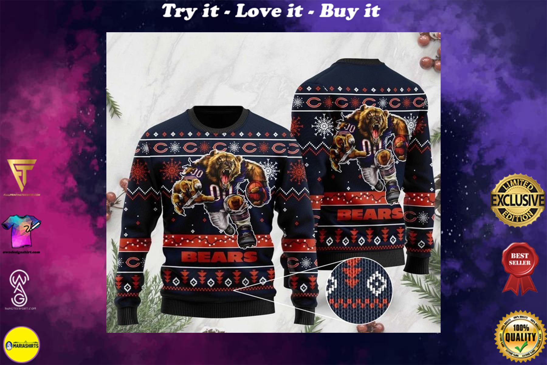 [special edition] the chicago bears football team christmas ugly sweater – maria