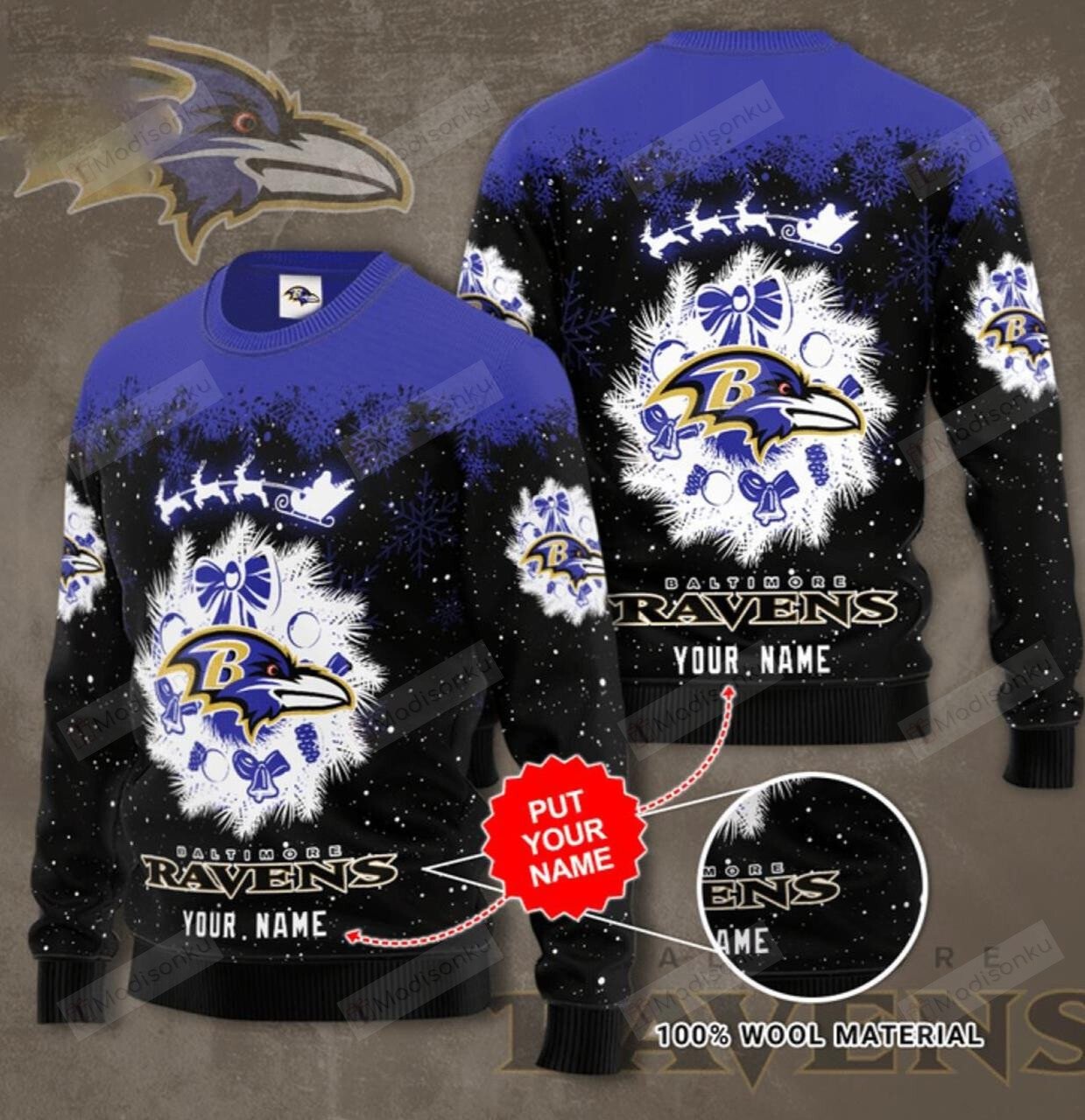 Baltimore Ravens custom name ugly christmas sweater