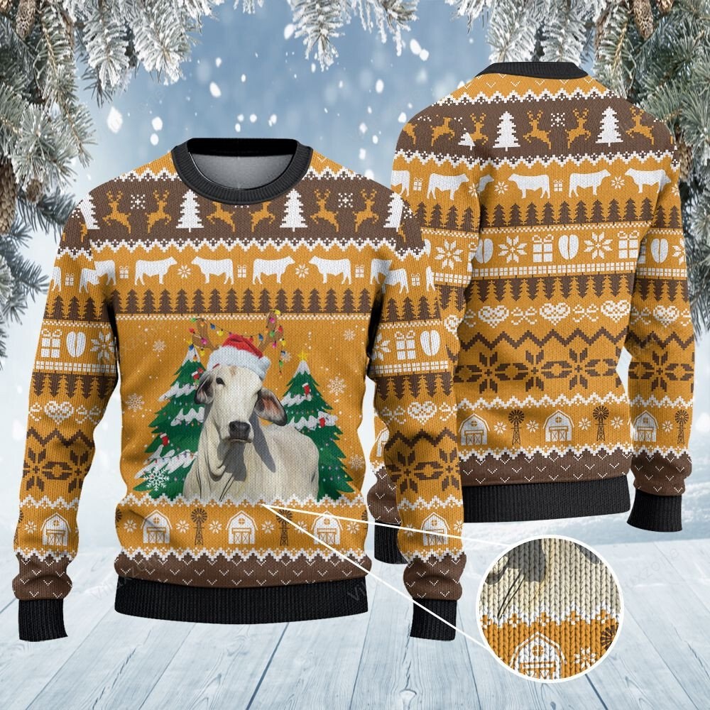 Brahman cattle lovers christmas on the farm all over print sweater