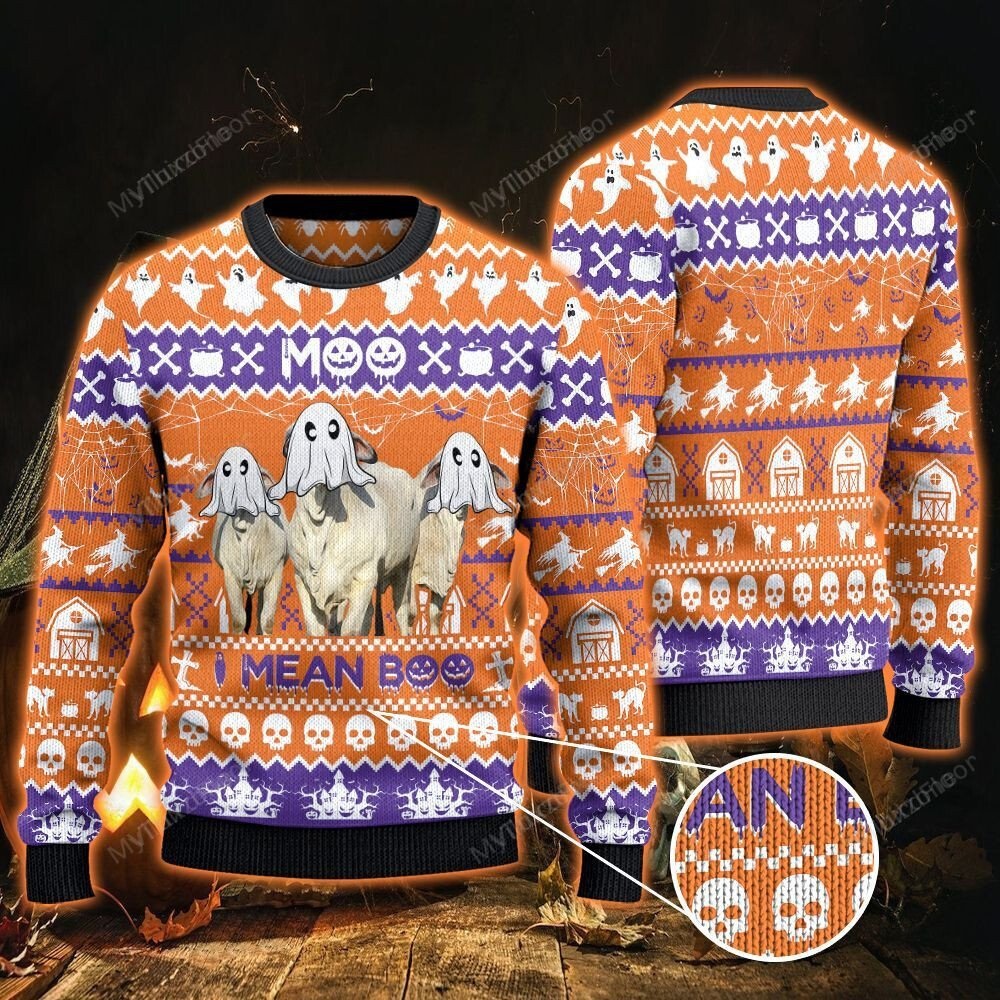 [ Amazing ] Brahman cattle lovers halloween gift moo I mean boo all over print sweater – Saleoff 251121