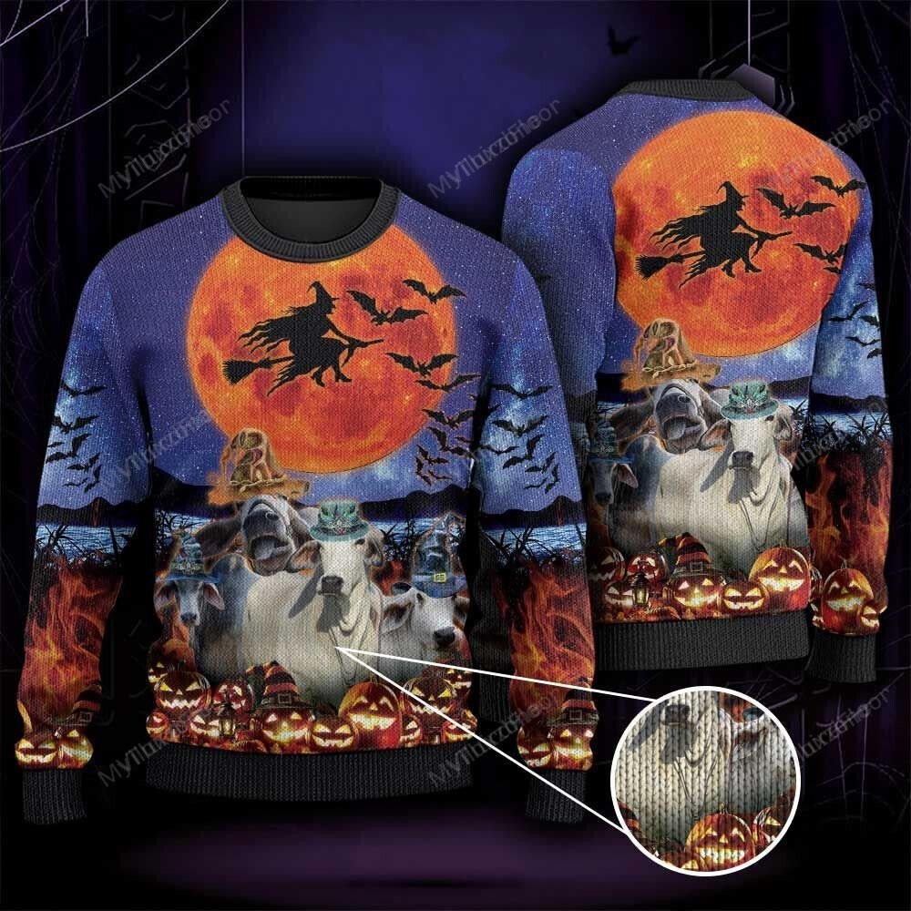 Brahman cattle lovers halloween moon all over print sweater