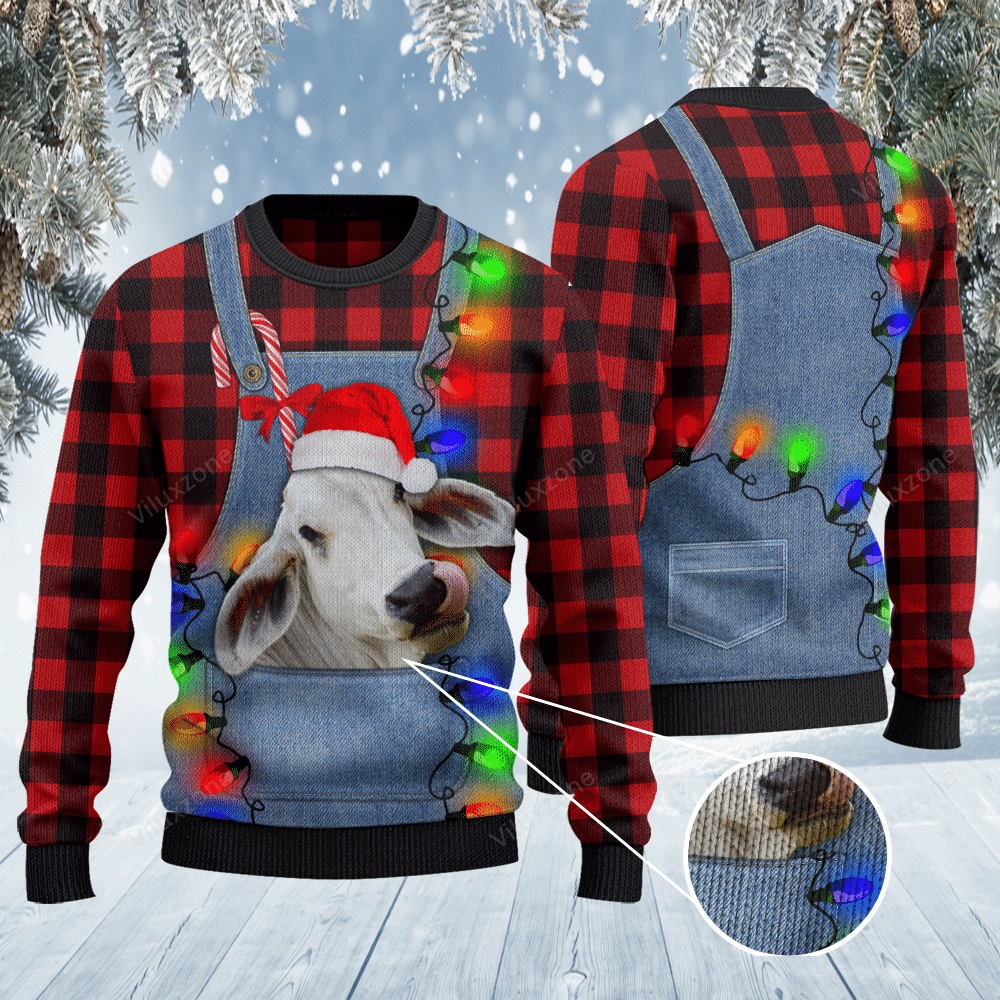 [ Amazing ] Brahman cattle lovers red plaid shirt and denim bib all over print sweater – Saleoff 251121
