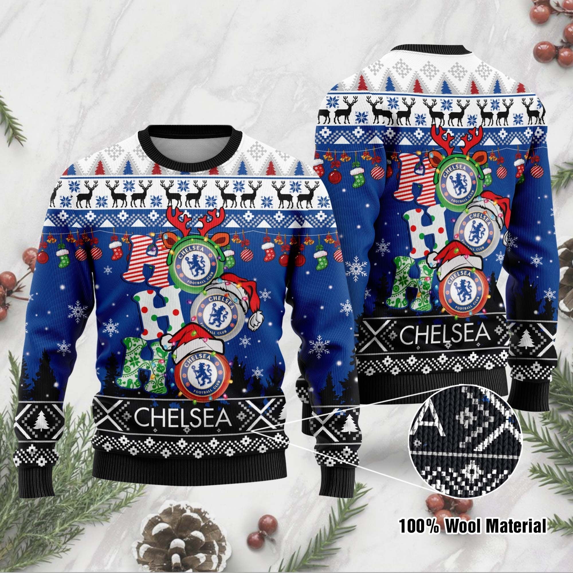 Chelsea FC Ho Ho Ho ugly christmas sweater
